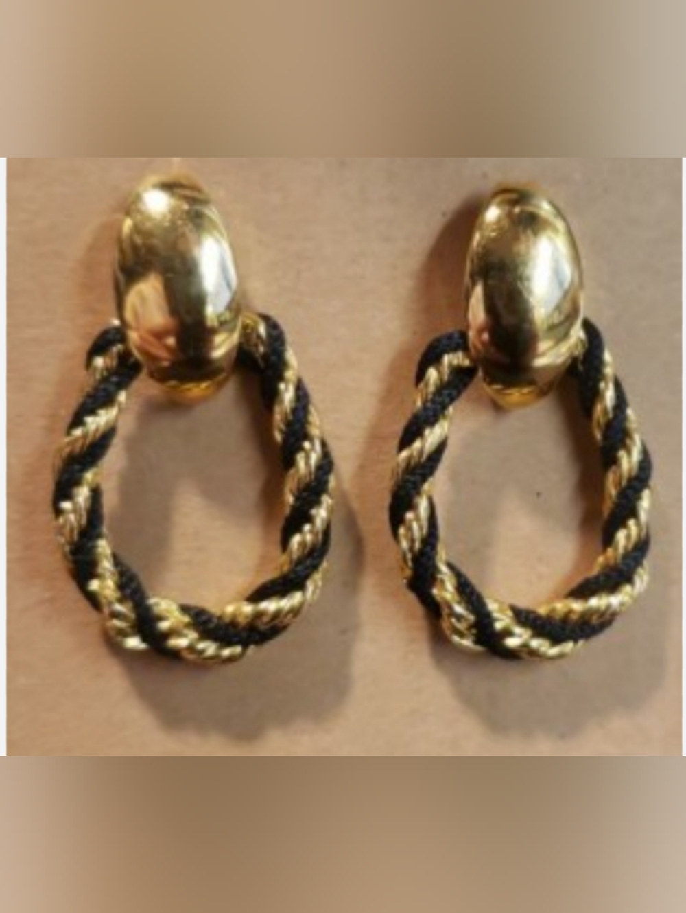 Trifari goldtone and black twisted rope door knocker pierced earrings 